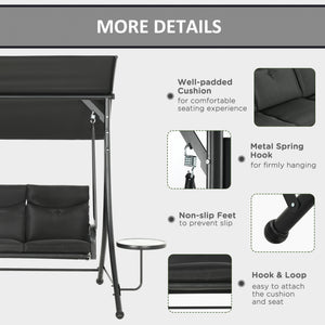 Porch Swing with Adjustable Canopy, 3 Seat Outdoor Swing Chair, Steel Patio Swing Bench with Coffee Tables and Cushion for Garden, Black