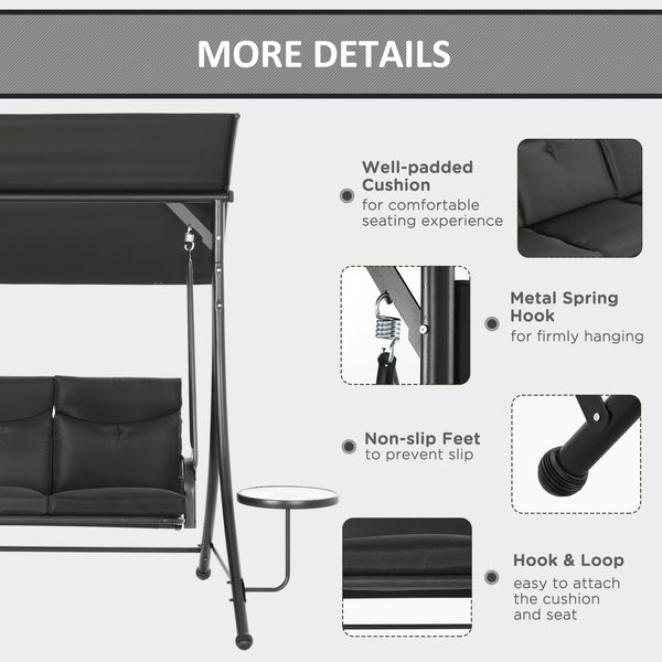 Porch Swing with Adjustable Canopy, 3 Seat Outdoor Swing Chair, Steel Patio Swing Bench with Coffee Tables and Cushion for Garden, Black