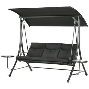 Porch Swing with Adjustable Canopy, 3 Seat Outdoor Swing Chair, Steel Patio Swing Bench with Coffee Tables and Cushion for Garden, Black
