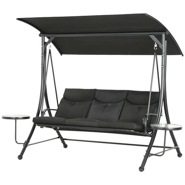 Porch Swing with Adjustable Canopy, 3 Seat Outdoor Swing Chair, Steel Patio Swing Bench with Coffee Tables and Cushion for Garden, Black