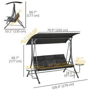 Porch Swing with Adjustable Canopy, 3 Seat Outdoor Swing Chair, Steel Patio Swing Bench with Coffee Tables and Cushion for Garden, Black