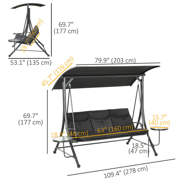 Porch Swing with Adjustable Canopy, 3 Seat Outdoor Swing Chair, Steel Patio Swing Bench with Coffee Tables and Cushion for Garden, Black