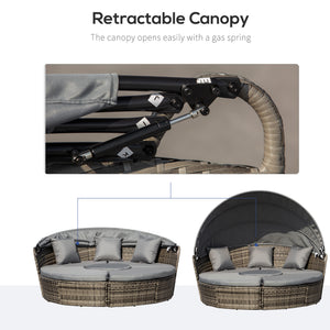 4 Pieces Outdoor Daybed with Retractable Canopy, PE Rattan Wicker Round Sofa Day Bed, Patio Sectional  Conversation Furniture Set with Cushions and Pillows, Grey