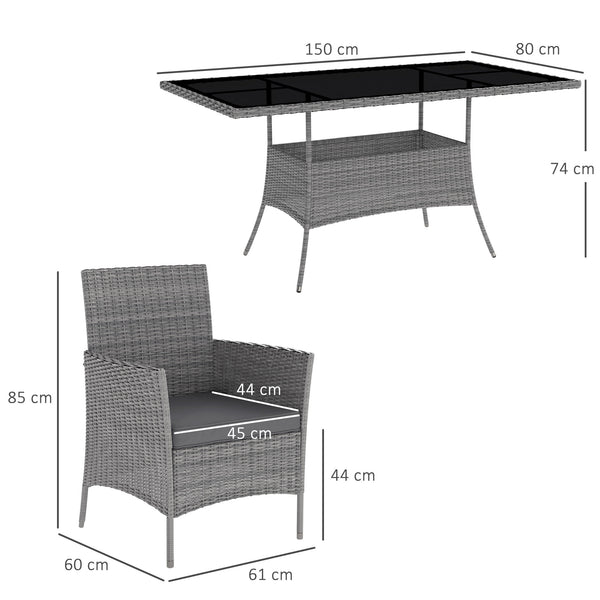 7-Piece Rattan Garden Furniture Set with Cushions, 6 Seater Garden Table and Chairs, Rattan Dining Set with 6 Armchairs, Rectangular Glass Top Table, Charcoal Grey