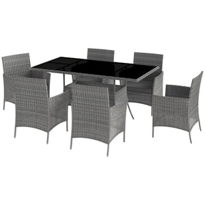7-Piece Rattan Garden Furniture Set with Cushions, 6 Seater Garden Table and Chairs, Rattan Dining Set with 6 Armchairs, Rectangular Glass Top Table, Charcoal Grey