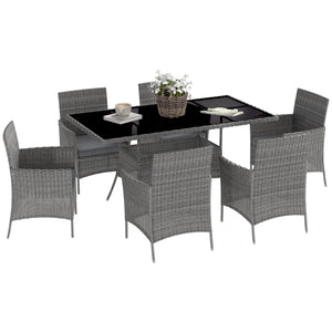 7-Piece Rattan Garden Furniture Set with Cushions, 6 Seater Garden Table and Chairs, Rattan Dining Set with 6 Armchairs, Rectangular Glass Top Table, Charcoal Grey