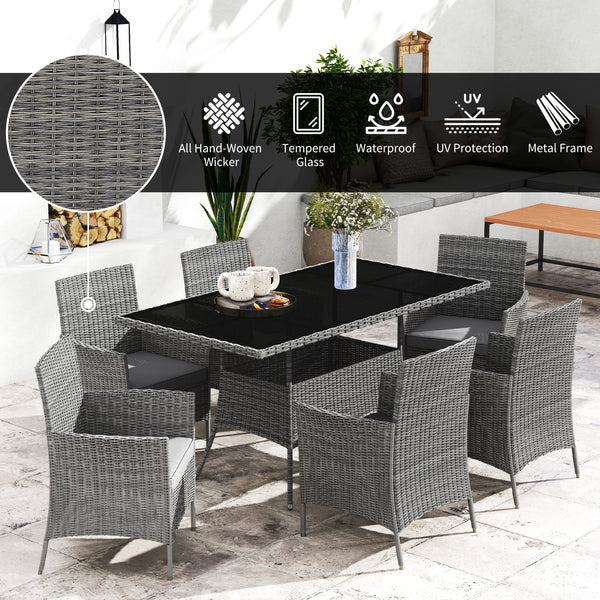 7-Piece Rattan Garden Furniture Set with Cushions, 6 Seater Garden Table and Chairs, Rattan Dining Set with 6 Armchairs, Rectangular Glass Top Table, Charcoal Grey