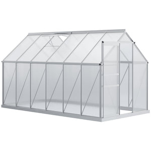 6' x 12' x 6.5' Polycarbonate Greenhouse, Walk-in Green House with Adjustable Roof Vent, Galvanized Base, Sliding Door and Rain Gutter for Outdoor, Garden, Backyard, Clear