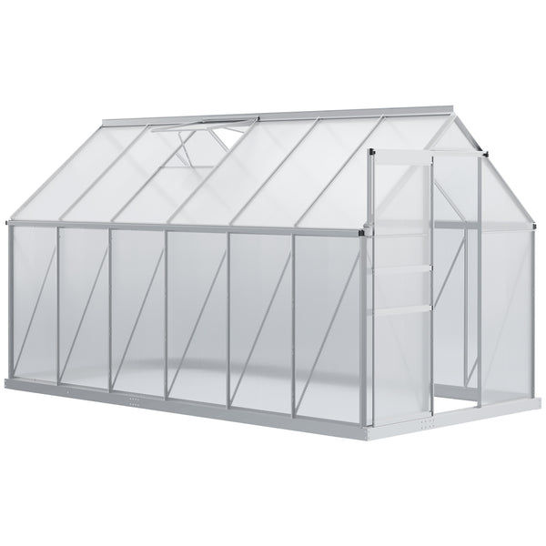 6' x 12' x 6.5' Polycarbonate Greenhouse, Walk-in Green House with Adjustable Roof Vent, Galvanized Base, Sliding Door and Rain Gutter for Outdoor, Garden, Backyard, Clear