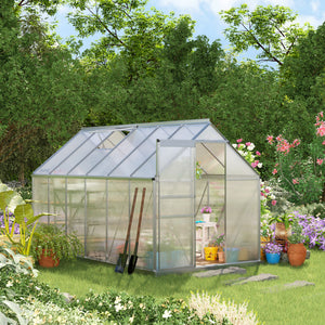 6' x 12' x 6.5' Polycarbonate Greenhouse, Walk-in Green House with Adjustable Roof Vent, Galvanized Base, Sliding Door and Rain Gutter for Outdoor, Garden, Backyard, Clear