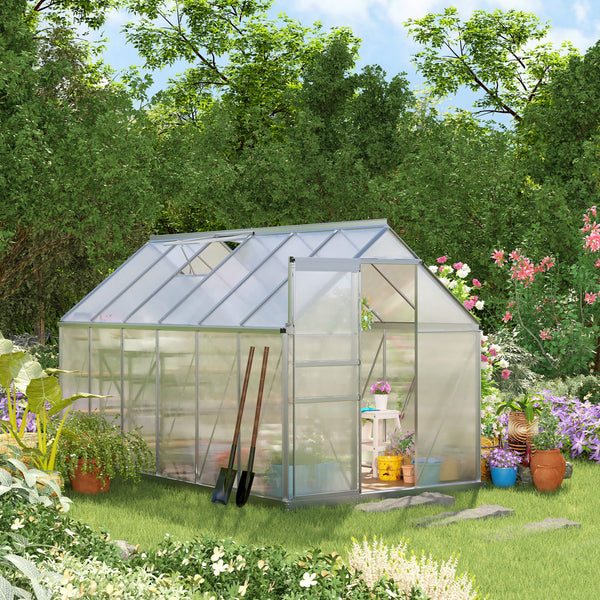 6' x 12' x 6.5' Polycarbonate Greenhouse, Walk-in Green House with Adjustable Roof Vent, Galvanized Base, Sliding Door and Rain Gutter for Outdoor, Garden, Backyard, Clear