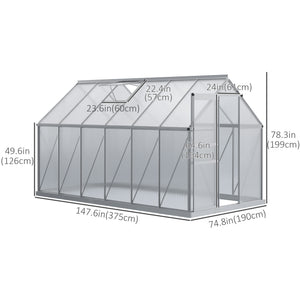 6' x 12' x 6.5' Polycarbonate Greenhouse, Walk-in Green House with Adjustable Roof Vent, Galvanized Base, Sliding Door and Rain Gutter for Outdoor, Garden, Backyard, Clear