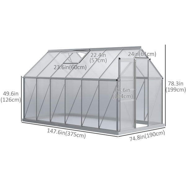 6' x 12' x 6.5' Polycarbonate Greenhouse, Walk-in Green House with Adjustable Roof Vent, Galvanized Base, Sliding Door and Rain Gutter for Outdoor, Garden, Backyard, Clear