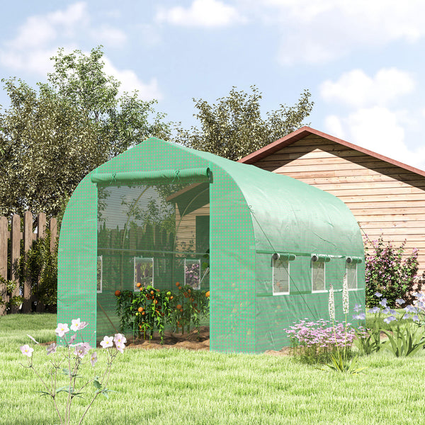 6.6' x 11' x 7' Walk-in Greenhouse Outdoor Plant Tunnel Warm Hot House w/ Roll Up Door and 6 Mesh Windows, Steel Frame, Green