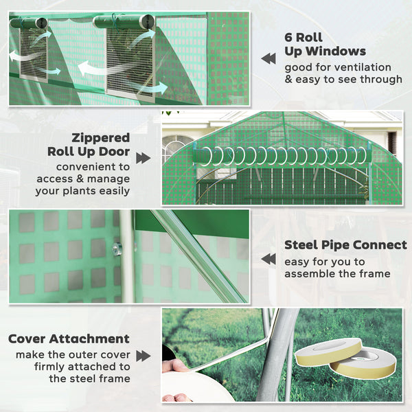 6.6' x 11' x 7' Walk-in Greenhouse Outdoor Plant Tunnel Warm Hot House w/ Roll Up Door and 6 Mesh Windows, Steel Frame, Green