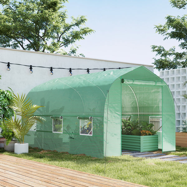 6.6' x 11' x 7' Walk-in Greenhouse Outdoor Plant Tunnel Warm Hot House w/ Roll Up Door and 6 Mesh Windows, Steel Frame, Green