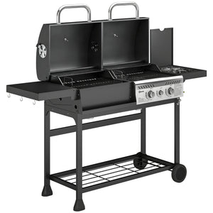 Dual Fuel BBQ Grill, Charcoal and 2+1 Gas Burner Barbecue Grill with Wheels, Warming Rack, Shelves, Thermometer, Bottle Opener, Outdoor Barbeque for Backyard Patio, Black