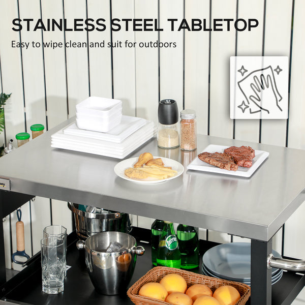 3 Shelf Outdoor Grill Cart with Stainless Steel Tabletop, Side Handle, 32" x 20.5" Multifunctional Pizza Oven Stand, Movable Food Prep Table on Wheels, Black