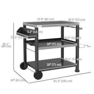 3 Shelf Outdoor Grill Cart with Stainless Steel Tabletop, Side Handle, 32" x 20.5" Multifunctional Pizza Oven Stand, Movable Food Prep Table on Wheels, Black