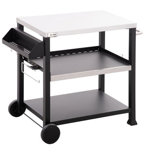 3 Shelf Outdoor Grill Cart with Stainless Steel Tabletop, Side Handle, 32" x 20.5" Multifunctional Pizza Oven Stand, Movable Food Prep Table on Wheels, Black