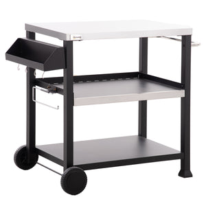 3 Shelf Outdoor Grill Cart with Stainless Steel Tabletop, Side Handle, 32" x 20.5" Multifunctional Pizza Oven Stand, Movable Food Prep Table on Wheels, Black
