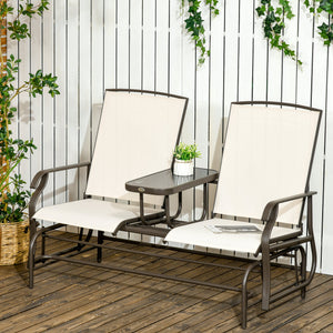 Outdoor Glider Bench with Table, Patio Loveseat for 2 Persons, Garden Glider Rocking Chair with Breathable Mesh Fabric, Beige
