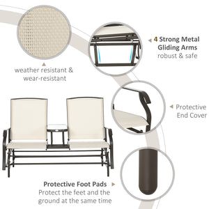 Outdoor Glider Bench with Table, Patio Loveseat for 2 Persons, Garden Glider Rocking Chair with Breathable Mesh Fabric, Beige