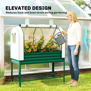 Galvanised Raised Garden Bed with Greenhouse Cover, Metal Elevated Garden Bed with Legs, Bed Liner and Bottom Shelf, Outdoor Raised Planter Box for Vegetables, Herbs, Flowers, Green