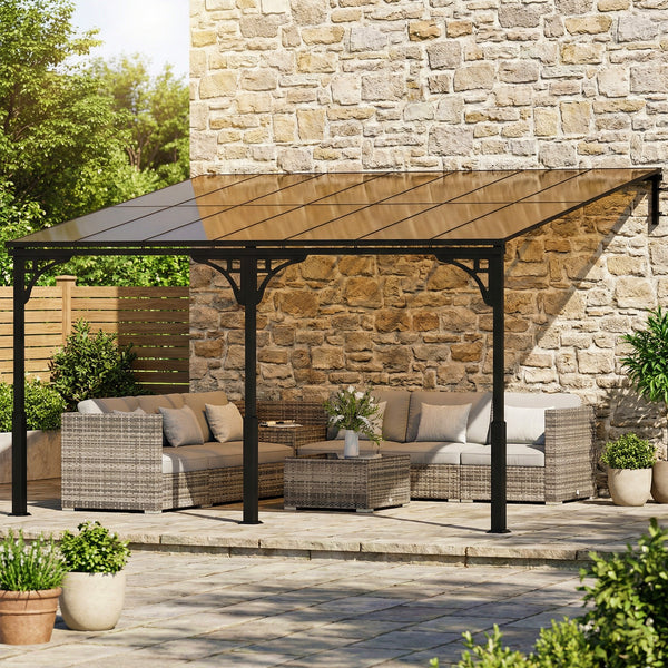13' x 10' Lean to Gazebo, Hardtop Wall Mounted Outdoor Pergola with Polycarbonate Roof and Metal-Aluminium Frame, Heavy Duty Metal Pergola for Patio Deck Backyard, Brown