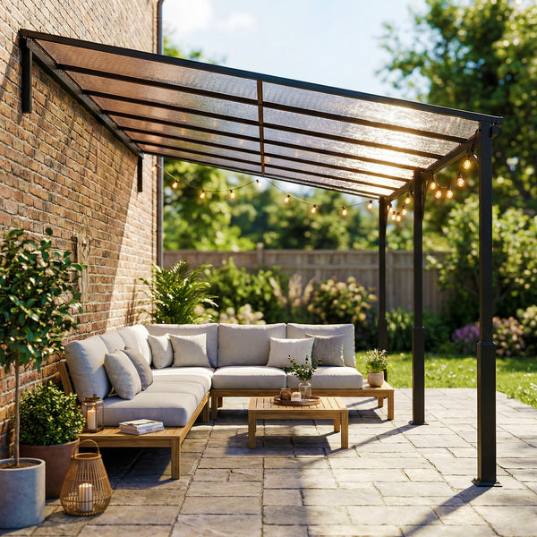 13' x 10' Lean to Gazebo, Hardtop Wall Mounted Outdoor Pergola with Polycarbonate Roof and Metal-Aluminium Frame, Heavy Duty Metal Pergola for Patio Deck Backyard, Brown