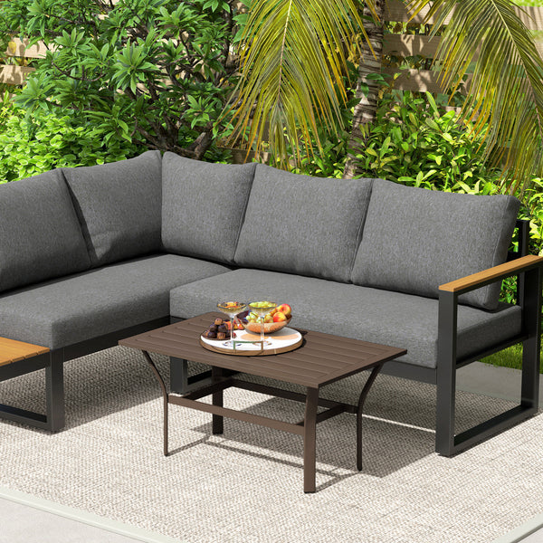 Outdoor Coffee Table, All-Weather Rectangle Metal Patio Coffee Table with Slatted Tabletop for Outside, Patio, Garden, Balcony, Backyard, Brown