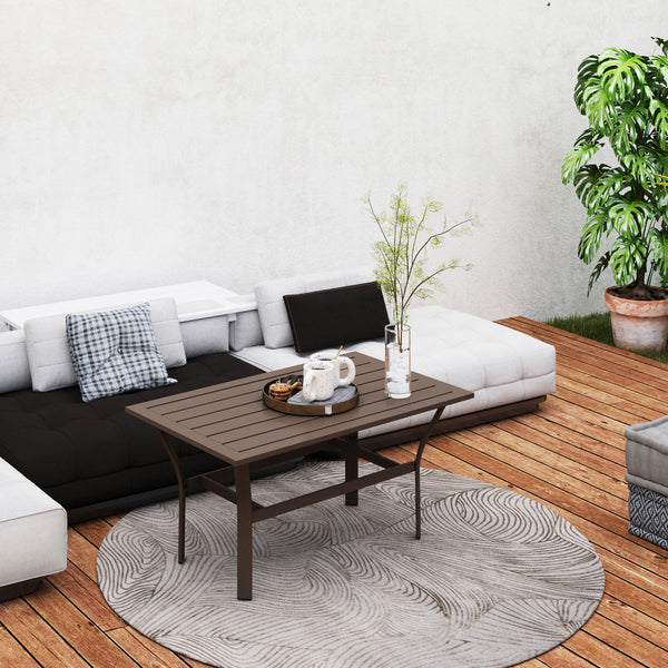 Outdoor Coffee Table, All-Weather Rectangle Metal Patio Coffee Table with Slatted Tabletop for Outside, Patio, Garden, Balcony, Backyard, Brown