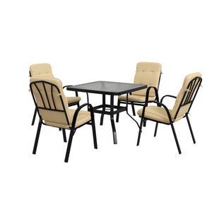 5 Pieces Garden Dining Set, Outdoor Square Dining Table and 4 Cushioned Armchairs, Tempered Glass Top Table w/ Umbrella Hole, Texteline Seats, Beige
