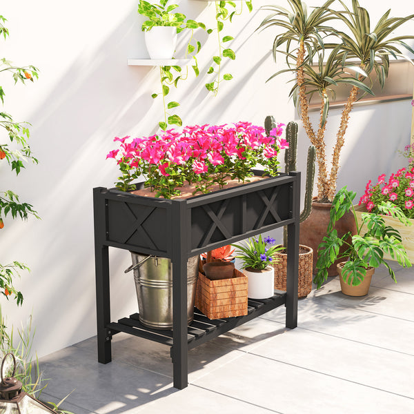 Wooden Raised Garden Bed, Elevated Planter Box with Storage Shelf, Drainage Holes and Liner for Backyard, Patio, Balcony, 34" x 18" x 30", Black