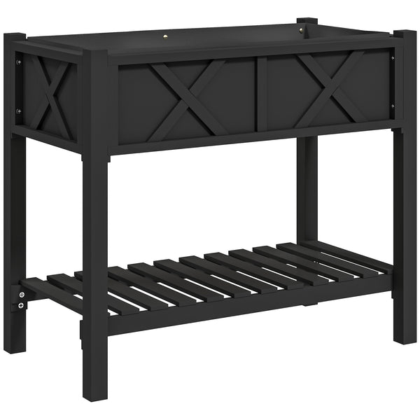 Wooden Raised Garden Bed, Elevated Planter Box with Storage Shelf, Drainage Holes and Liner for Backyard, Patio, Balcony, 34" x 18" x 30", Black