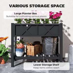 Wooden Raised Garden Bed, Elevated Planter Box with Storage Shelf, Drainage Holes and Liner for Backyard, Patio, Balcony, 34" x 18" x 30", Black
