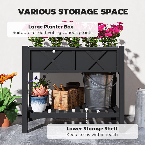 Wooden Raised Garden Bed, Elevated Planter Box with Storage Shelf, Drainage Holes and Liner for Backyard, Patio, Balcony, 34" x 18" x 30", Black