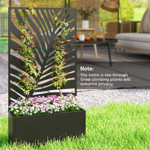 Metal Raised Garden Bed with Trellis for Climbing Plants, Freestanding or Wall Mounted Flower Bed with Privacy Panel, Large Leaf Cut-Out Outdoor Planter Box for Garden, Patio, Balcony