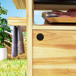 Outsunny Outdoor Grill Cart with Wheels and Storage, Solid Wood Outdoor Kitchen Island with Stainless Steel Top, Movable Bar Cart with Spice Rack, Side Handle, Integrated Hole for BBQ, Natural Wood