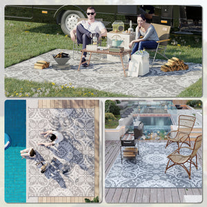 Outsunny Reversible Outdoor Rug, 9' x 12' Waterproof Plastic Straw Floor Mat, Portable RV Camping Carpet, Large Floor Mat for Backyard, Deck, Picnic, Beach, Gray & White Floral