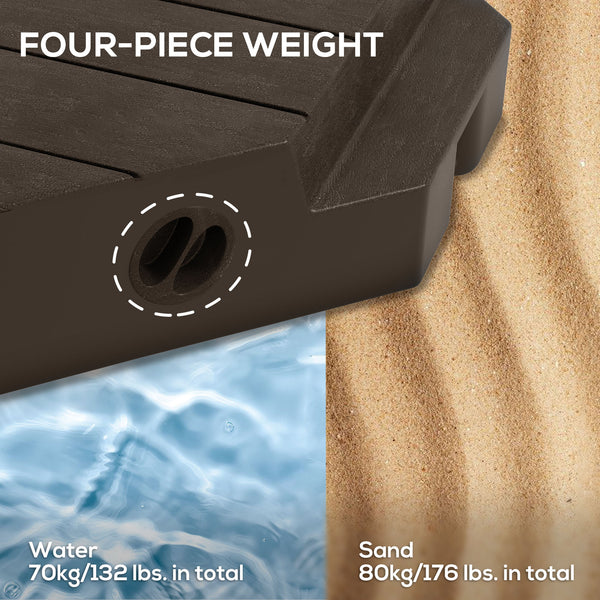 4 Piece Patio Cantilever Umbrella Base Weight Set, Outdoor Offset Umbrella Weights for Umbrella Stand, 132 lb. Capacity Water or 176 lb. Capacity Sand, Brown