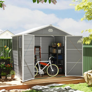 8 x 6ft Plastic Garden Storage Shed with Foundation Kit, Polypropylene Outdoor Storage Tool House with Ventilation Slots and Lockable Door, Light Grey