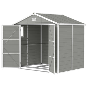 8 x 6ft Plastic Garden Storage Shed with Foundation Kit, Polypropylene Outdoor Storage Tool House with Ventilation Slots and Lockable Door, Light Grey