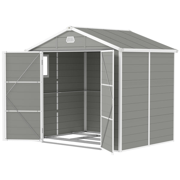 8 x 6ft Plastic Garden Storage Shed with Foundation Kit, Polypropylene Outdoor Storage Tool House with Ventilation Slots and Lockable Door, Light Grey