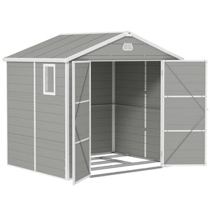 8 x 6ft Plastic Garden Storage Shed with Foundation Kit, Polypropylene Outdoor Storage Tool House with Ventilation Slots and Lockable Door, Light Grey