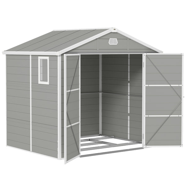 8 x 6ft Plastic Garden Storage Shed with Foundation Kit, Polypropylene Outdoor Storage Tool House with Ventilation Slots and Lockable Door, Light Grey