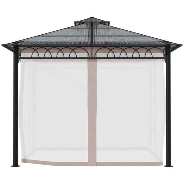 9' x 10' Outdoor Gazebo Canopy, Double Roof Hardtop Gazebo with Polycarbonate Roof, Steel Frame, Nettings and Curtains, for Garden, Lawn, Backyard and Deck, Khaki
