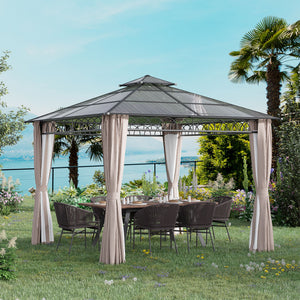 9' x 10' Outdoor Gazebo Canopy, Double Roof Hardtop Gazebo with Polycarbonate Roof, Steel Frame, Nettings and Curtains, for Garden, Lawn, Backyard and Deck, Khaki
