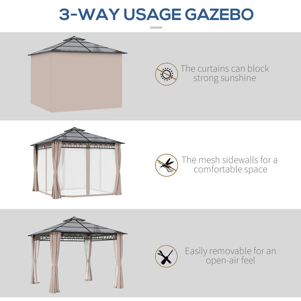 9' x 10' Outdoor Gazebo Canopy, Double Roof Hardtop Gazebo with Polycarbonate Roof, Steel Frame, Nettings and Curtains, for Garden, Lawn, Backyard and Deck, Khaki