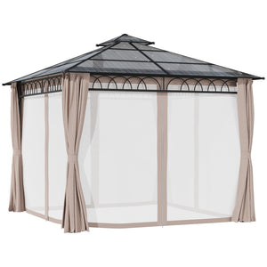 9' x 10' Outdoor Gazebo Canopy, Double Roof Hardtop Gazebo with Polycarbonate Roof, Steel Frame, Nettings and Curtains, for Garden, Lawn, Backyard and Deck, Khaki